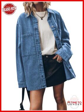 Oversized Denim Jacket - Button Up Long Sleeve Overshirt Coat